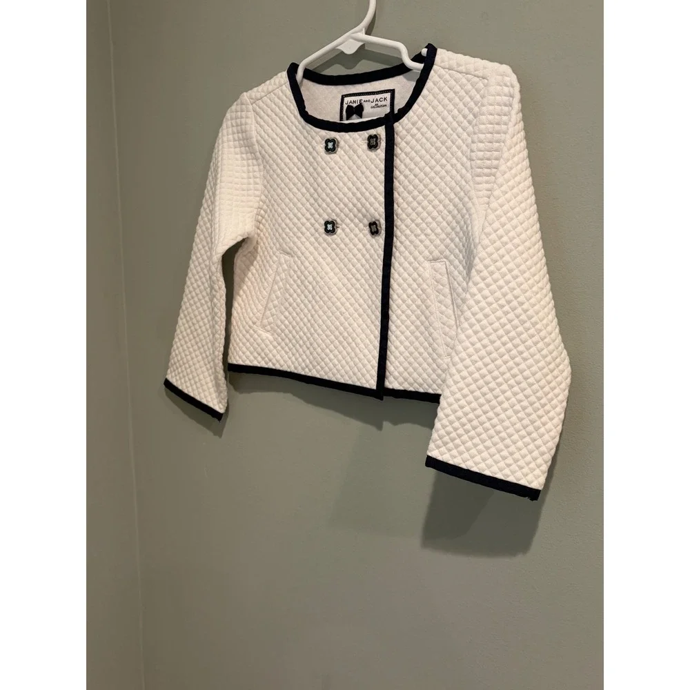 Janie and Jack Girls 2T Quilted Cropped‎ Jacket Cream Navy Blue Double Breasted